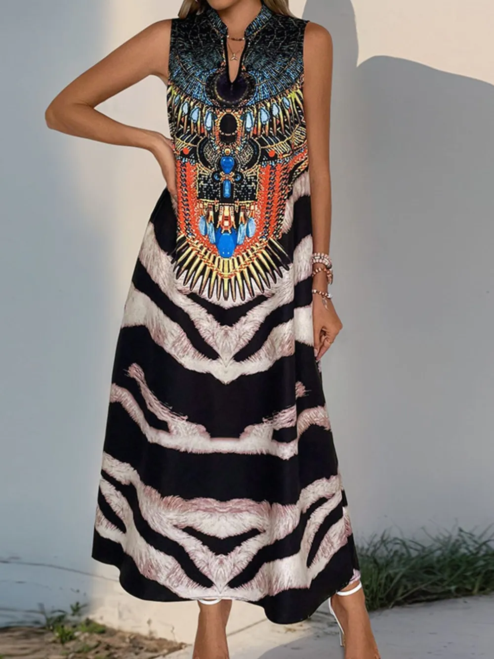 Printed Notched Sleeveless Dress