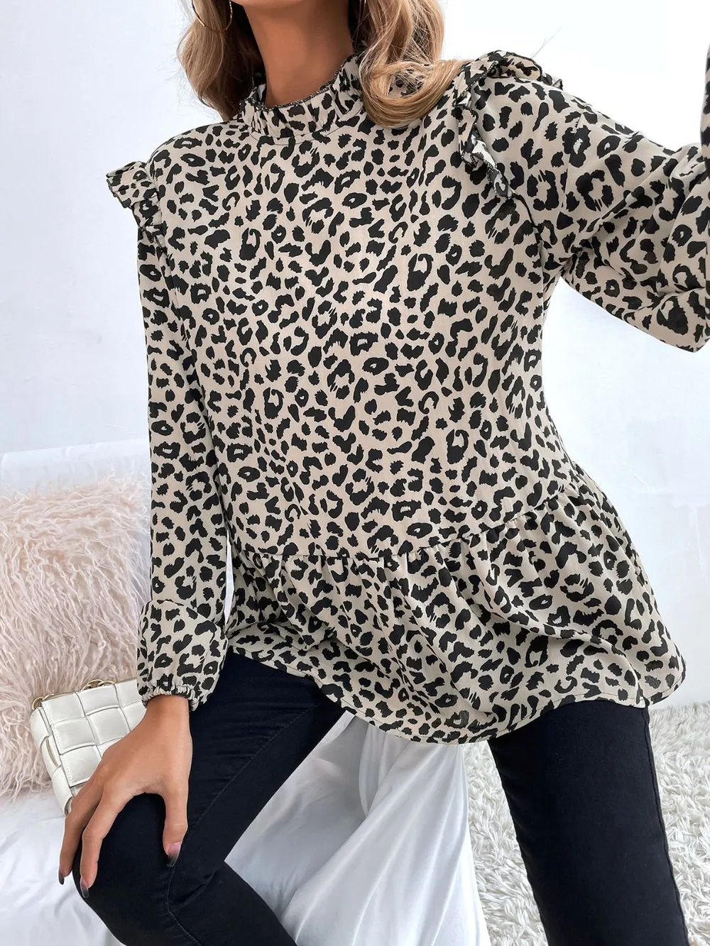Ruffled Leopard Mock Neck Long Sleeve Blouse, image 5