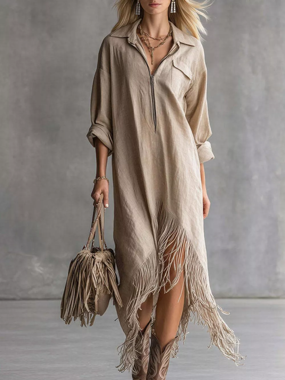 Zipper-Front Fringe Hem Midi Dress, image 13