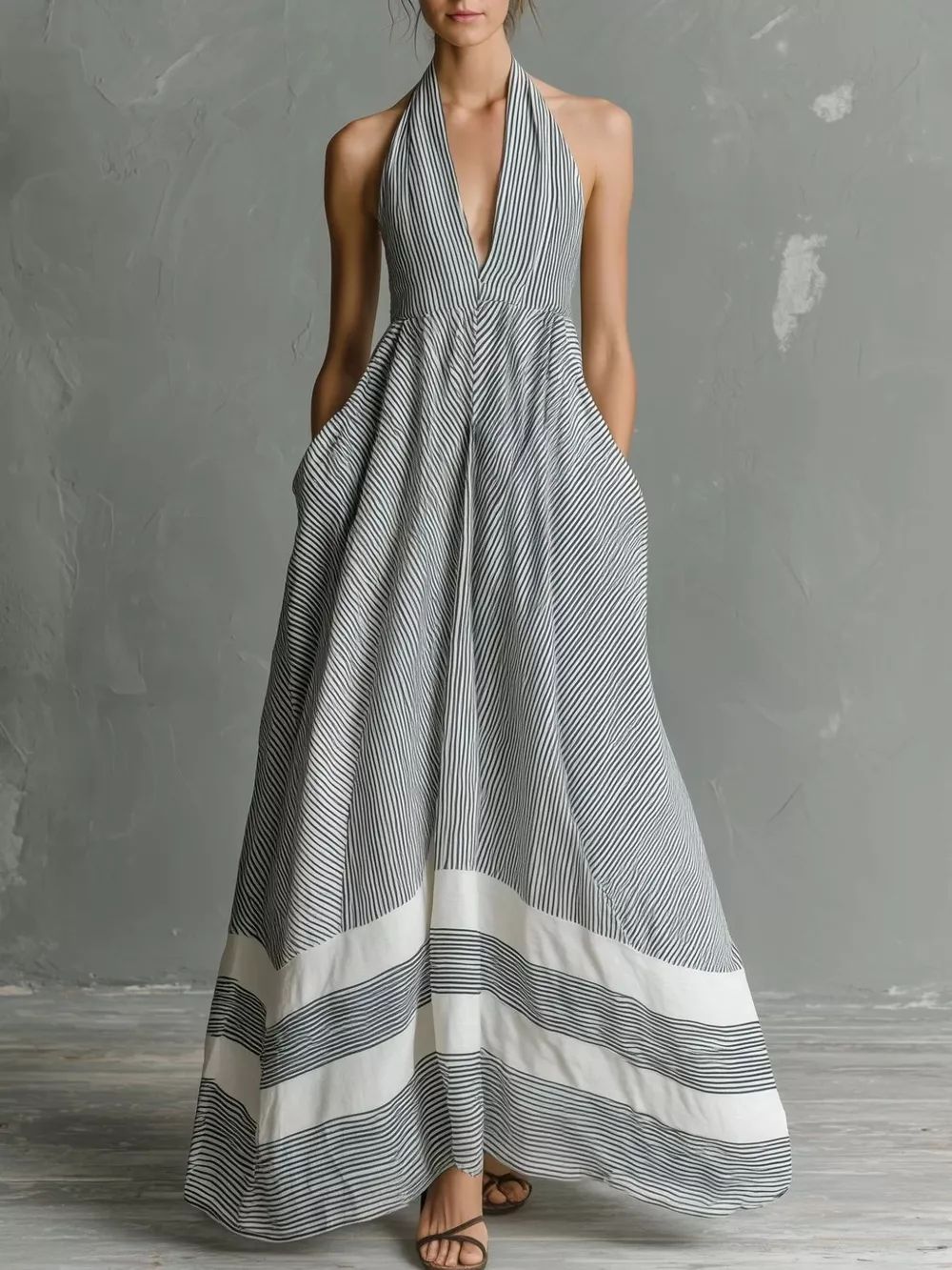 Full Size Striped Halter Neck Maxi Dress with Pockets Plus Size, image 2