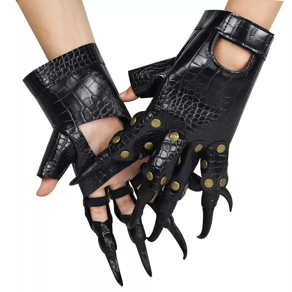 Halloween Gothic Crocodile Pattern Fingerless Claw Gloves with Rivet Accents