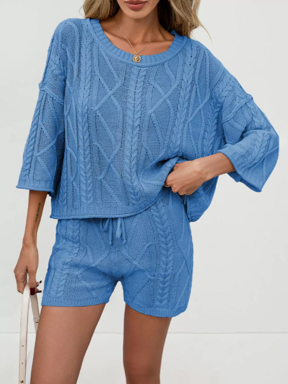 Cable Knit Round Neck Top and Shorts Sweater Set, image 10
