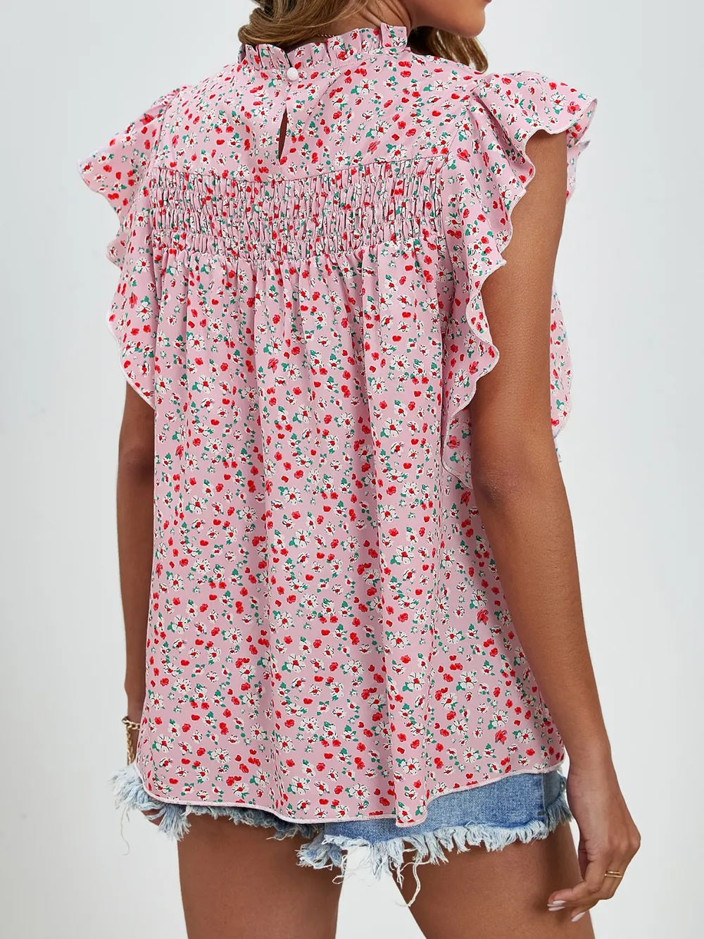 Ruffled Ditsy Floral Mock Neck Cap Sleeve Blouse, image 17