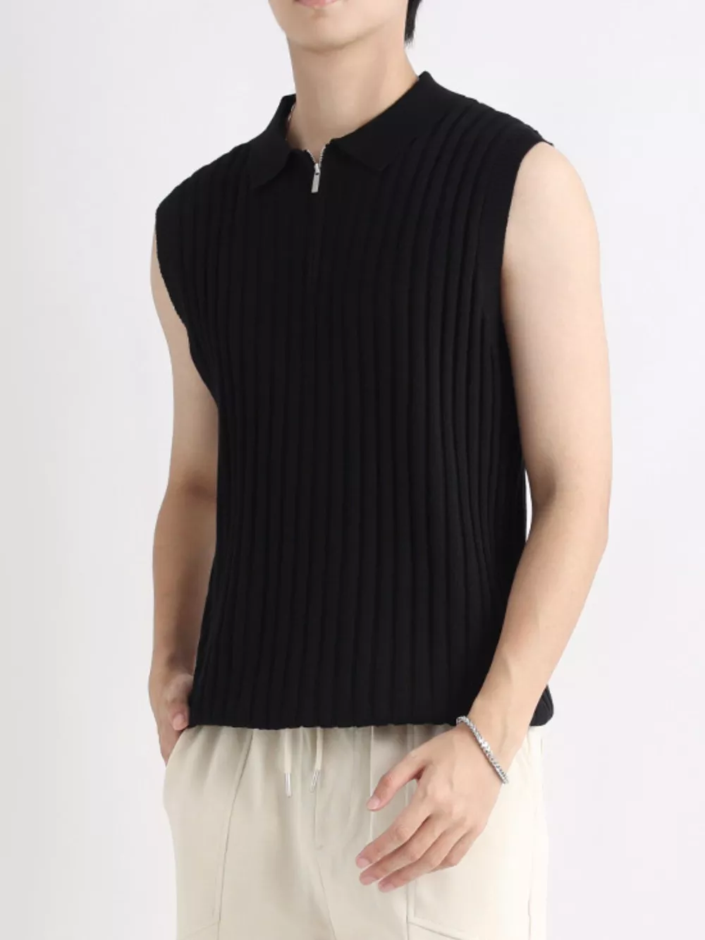 Men's Plus Size Ribbed Knit Zip-Up Tank, image 10