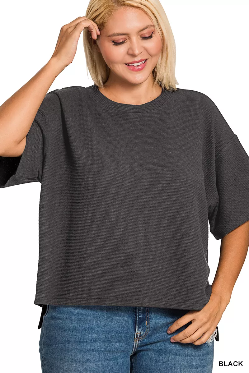 Full Size Double Knit Side Slits Hi Low Short Sleeve Top Plus Size, image 3