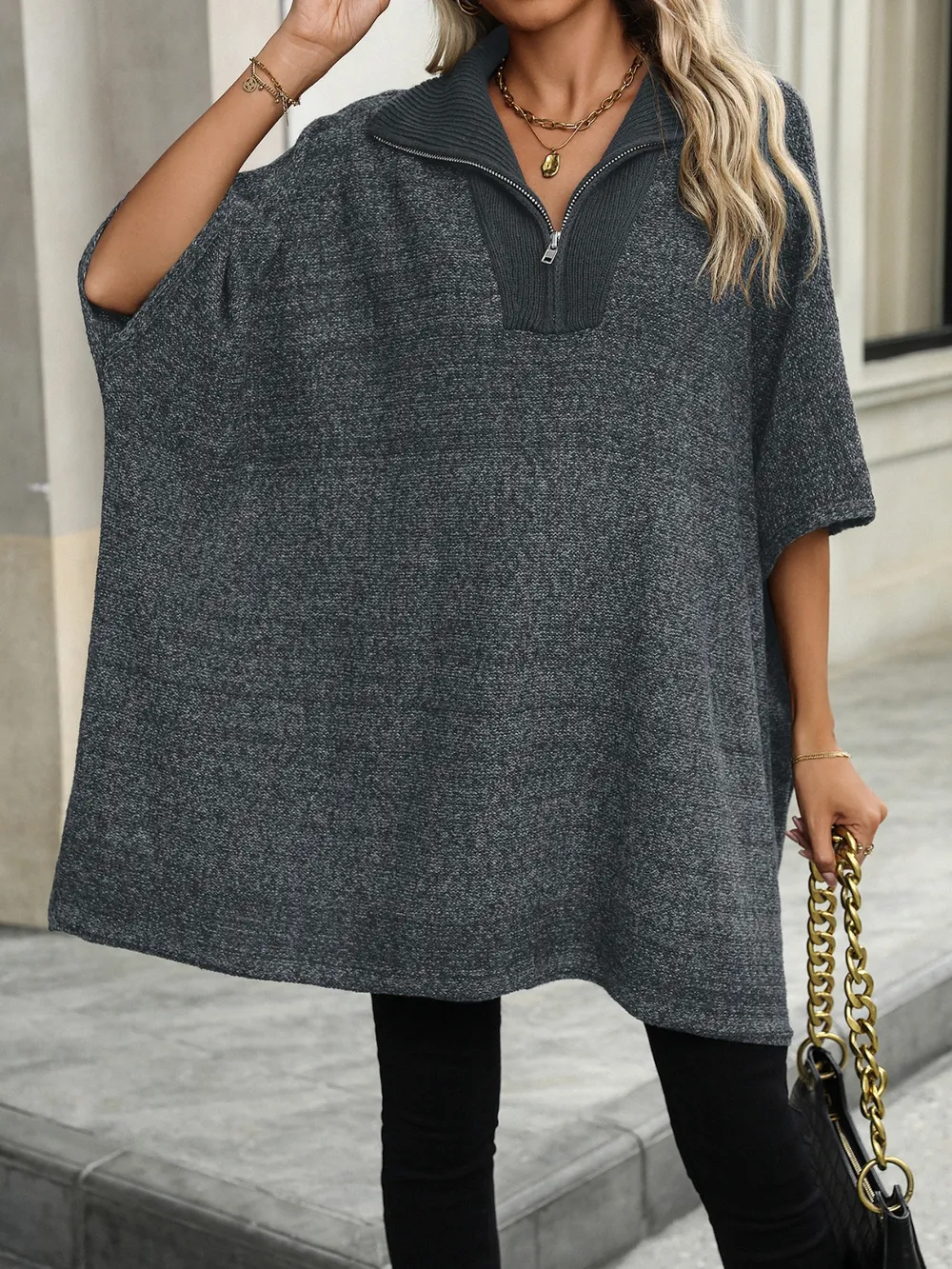 Slit Quarter Zip Half Sleeve Sweater, image 6