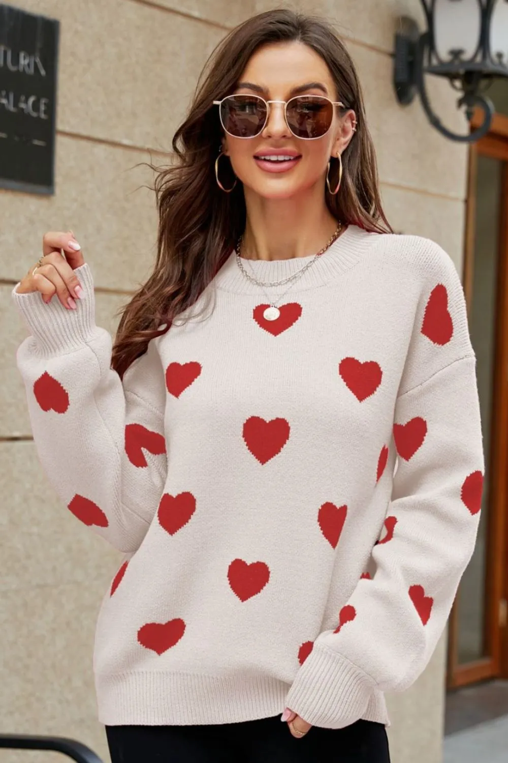 Heart Pattern Lantern Sleeve Round Neck Tunic Sweater, image 13