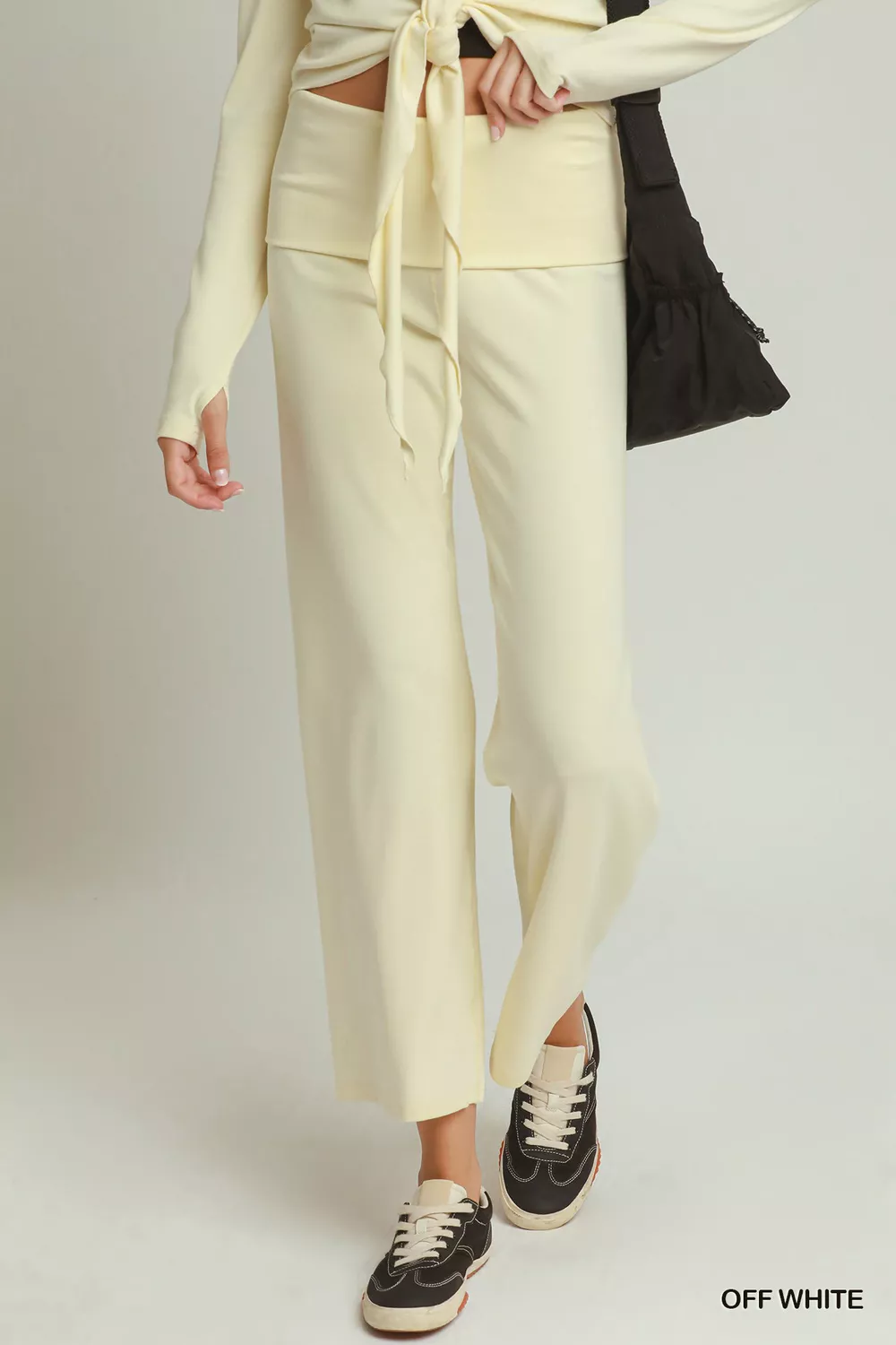 Cotton Viscose Folded Waistband Straight Leg Pants
