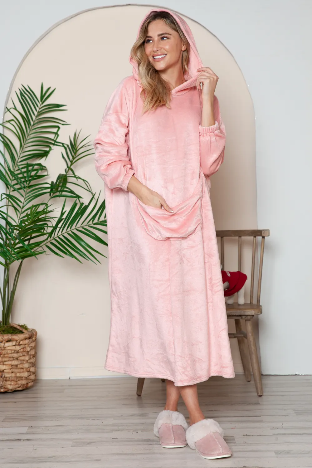 Full Size Pocketed Hooded Midi Lounge Dress, image 13