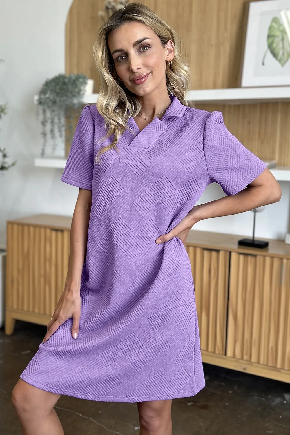 Full Size Texture Collared Neck Short Sleeve Dress, image 25