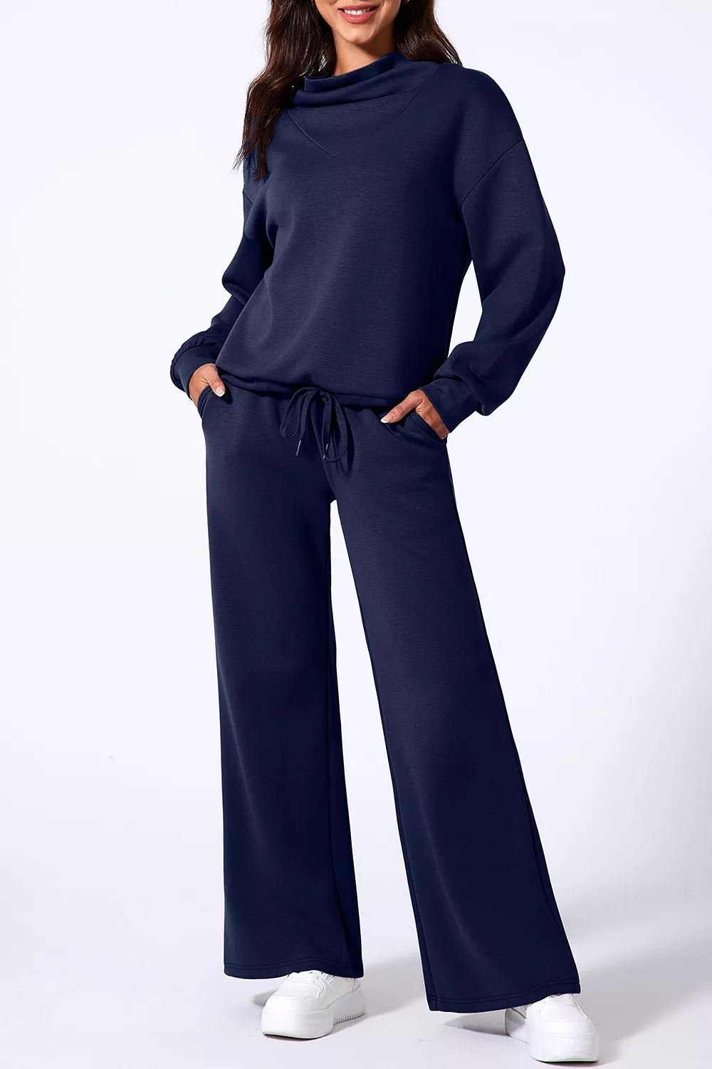 Solid Color Cowl Neck Drawstring Pullover Wide Leg Athleisure Pants Set, image 3