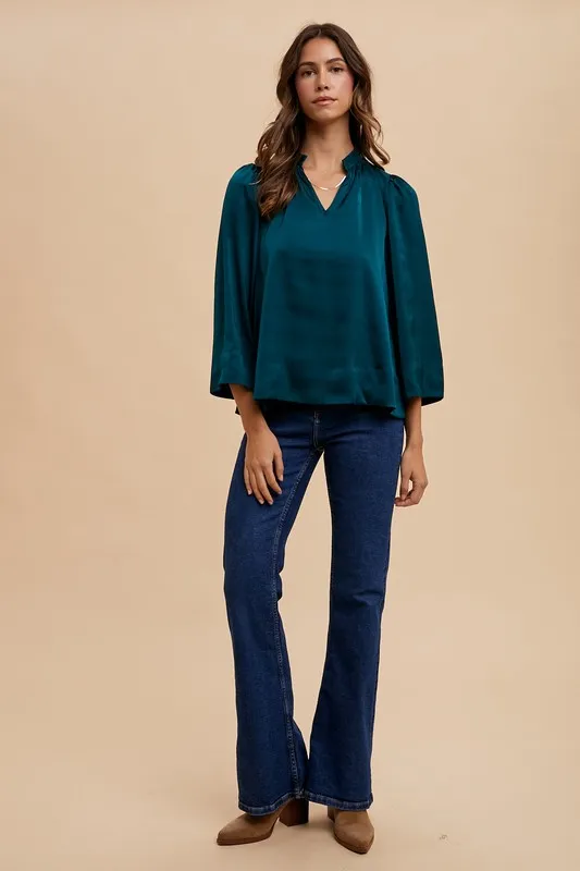 Satin Notched Three-Quarter Sleeve Blouse, image 5