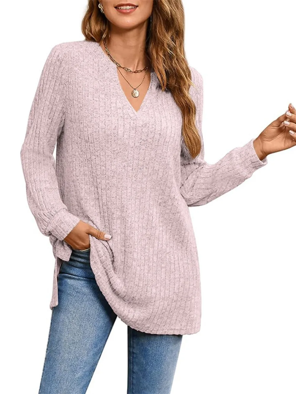 Ribbed Notched Long Sleeve T-Shirt, image 15
