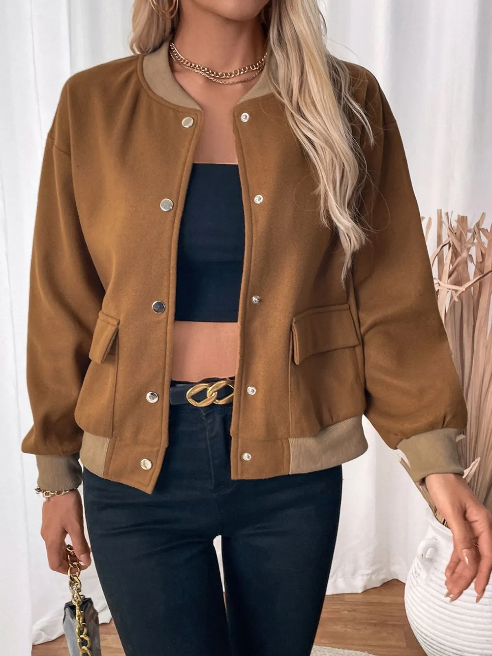 Baseball Collar Snap Down Long Sleeve Jacket, image 6