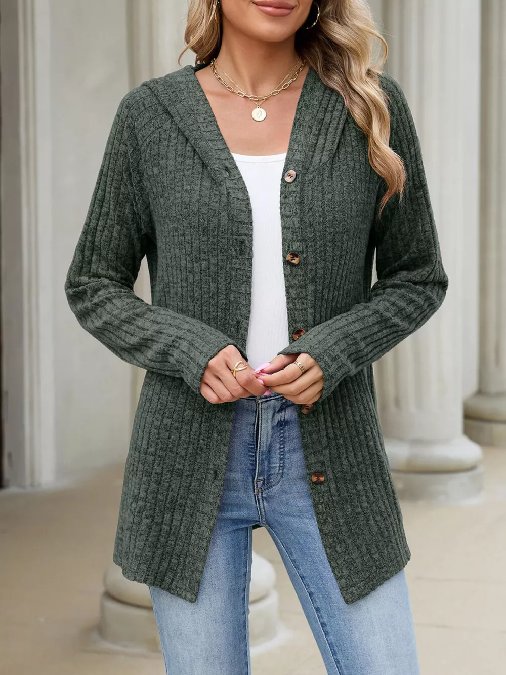 Ribbed Knit Hooded Button-Down Cardigan, image 20