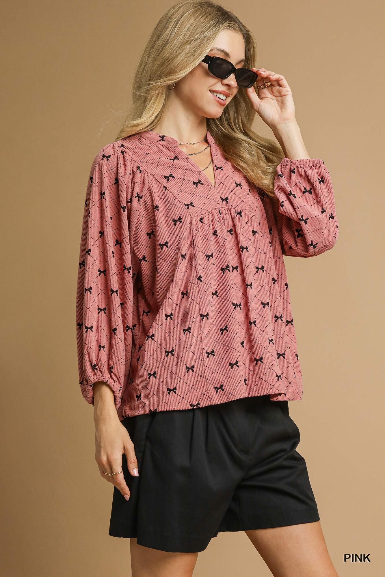 Corduroy Bow Print Balloon Sleeve Blouse, image 4