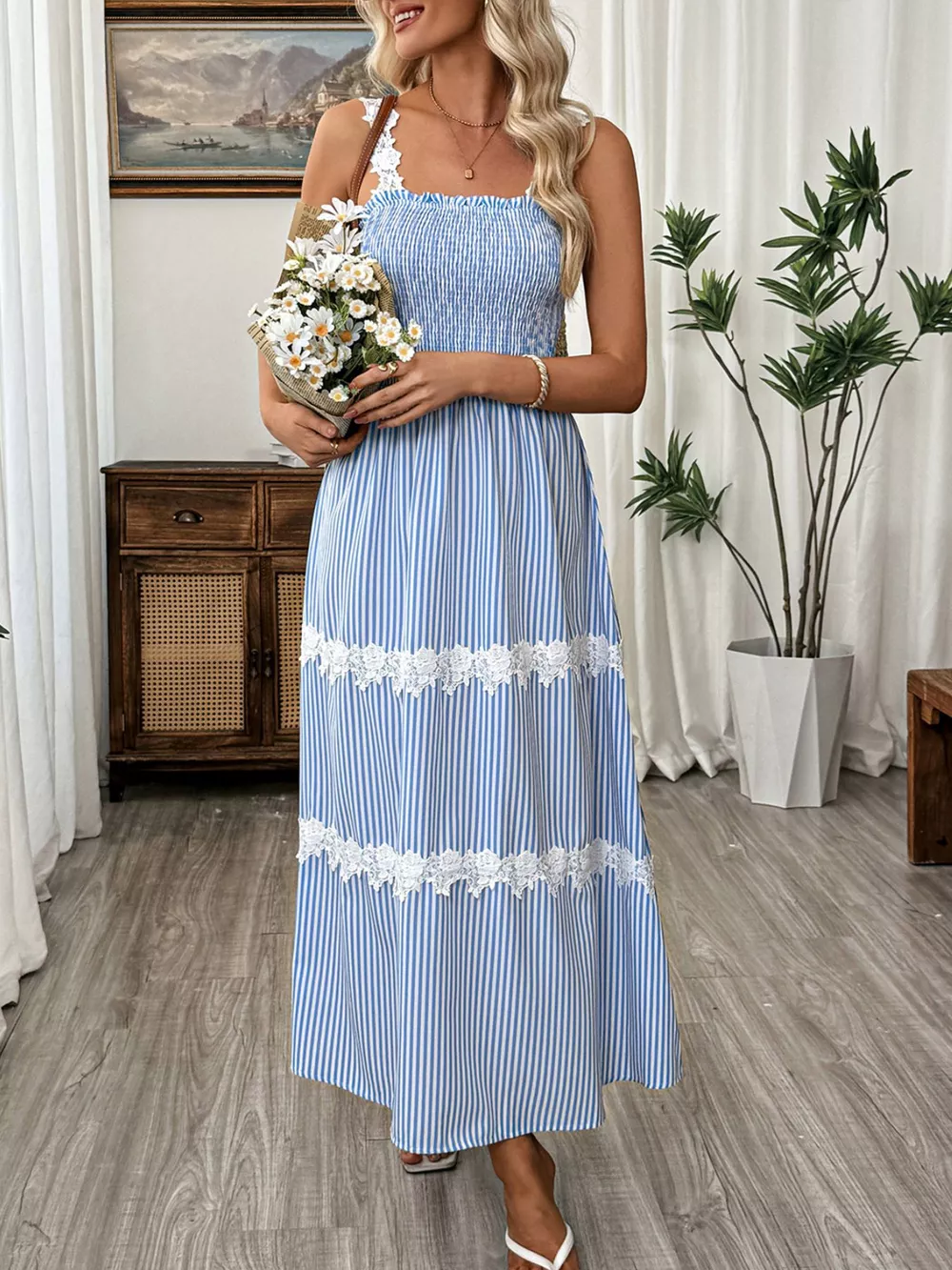 Striped Smocked Lace Trim Midi Dress, image 4