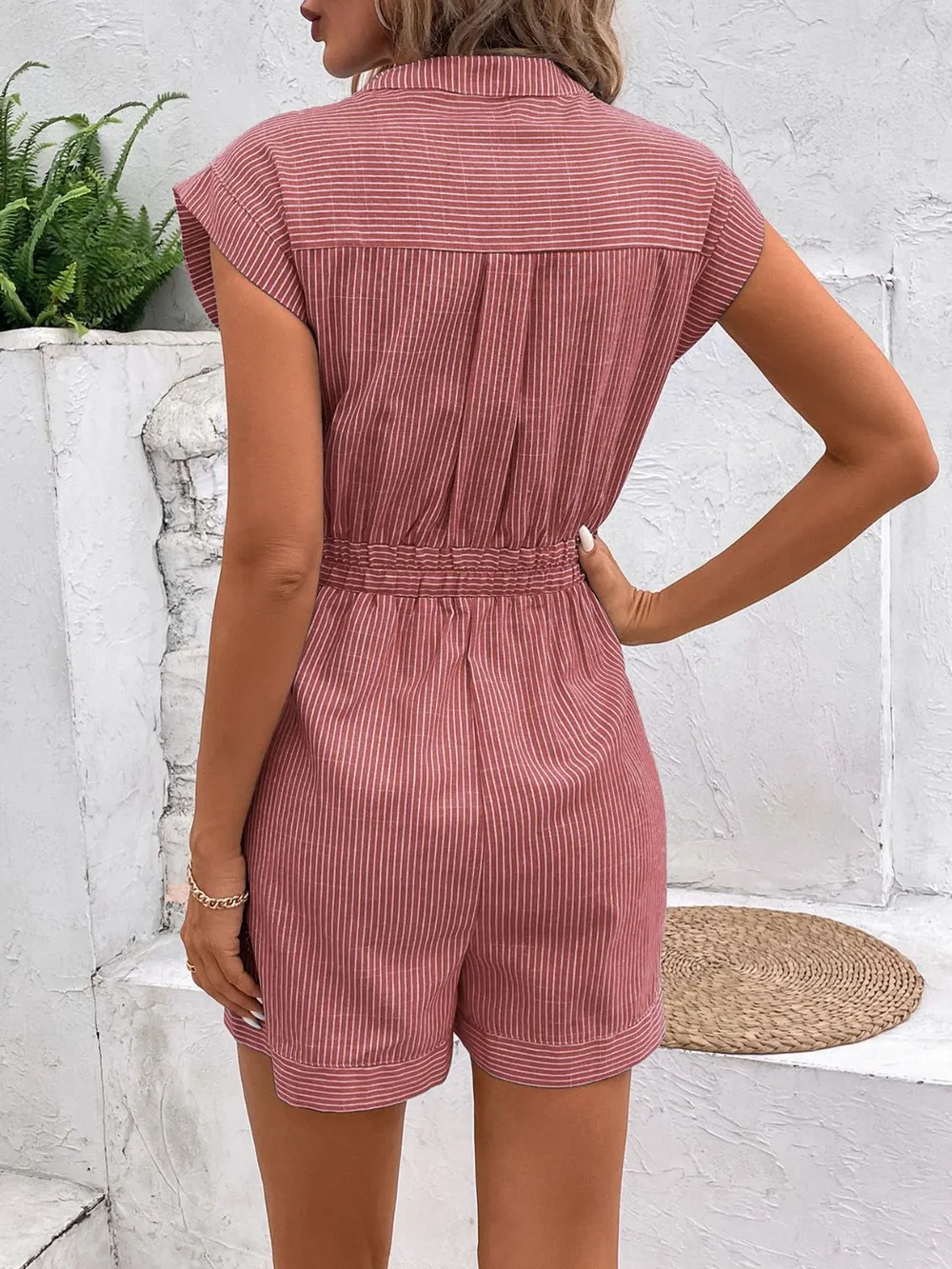Striped Notched Tie Waist Romper, image 16