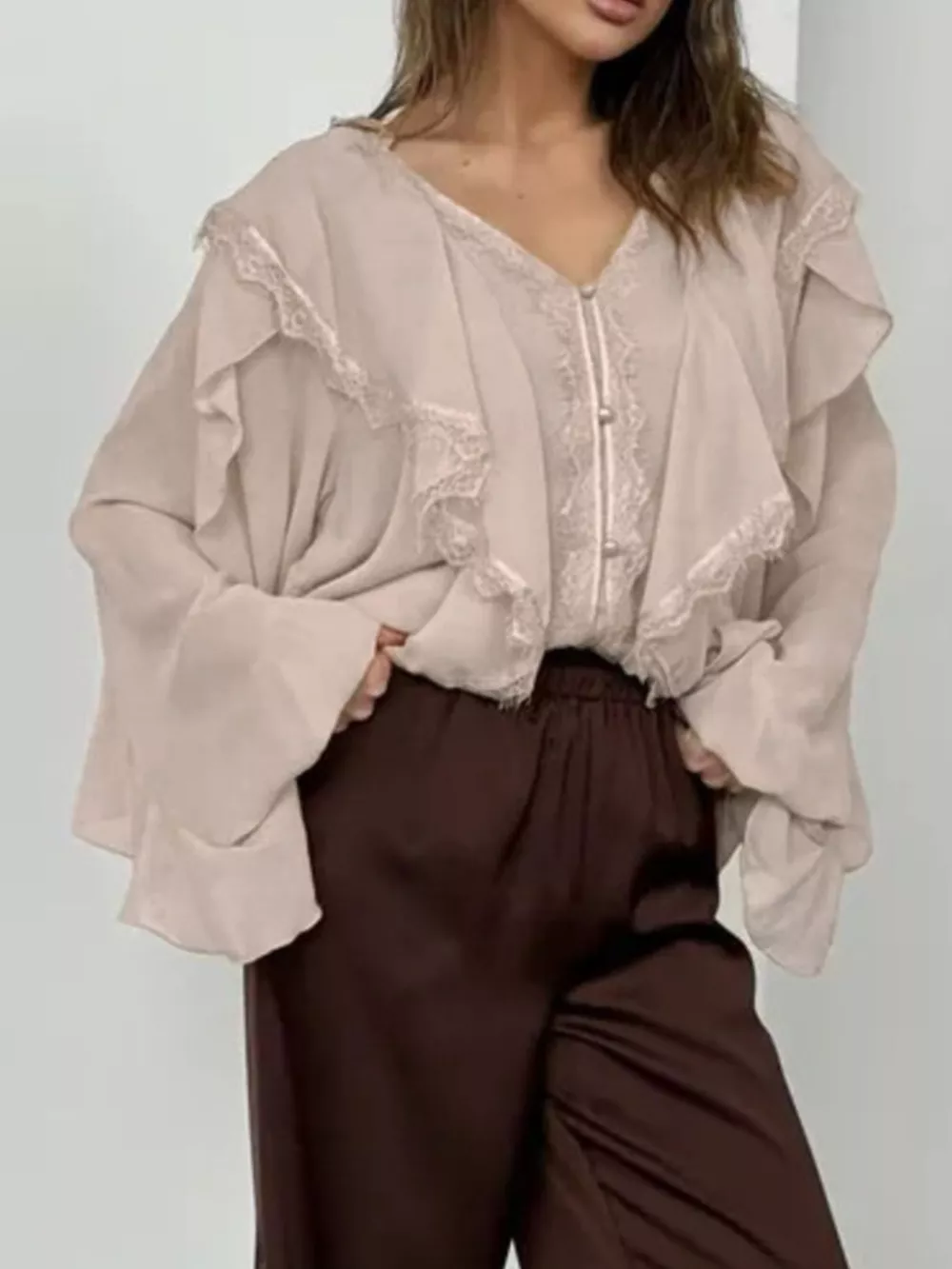 V-Neck Ruffled Lace Trim Blouse, image 4
