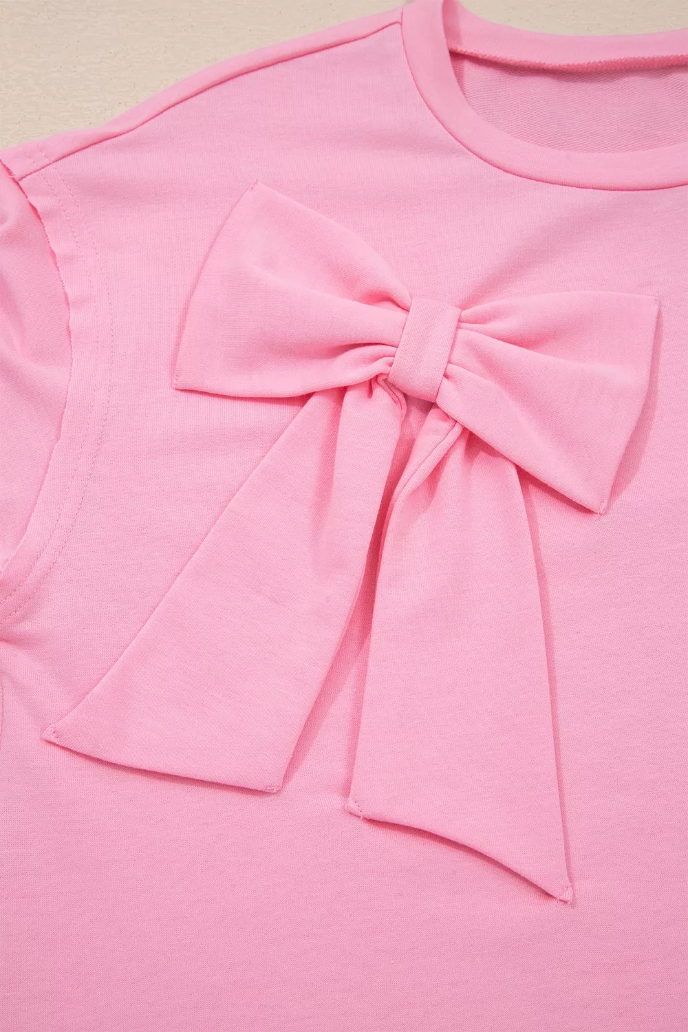 Solid Color Raw Edge Bow Patch Loose T Shirt, image 7