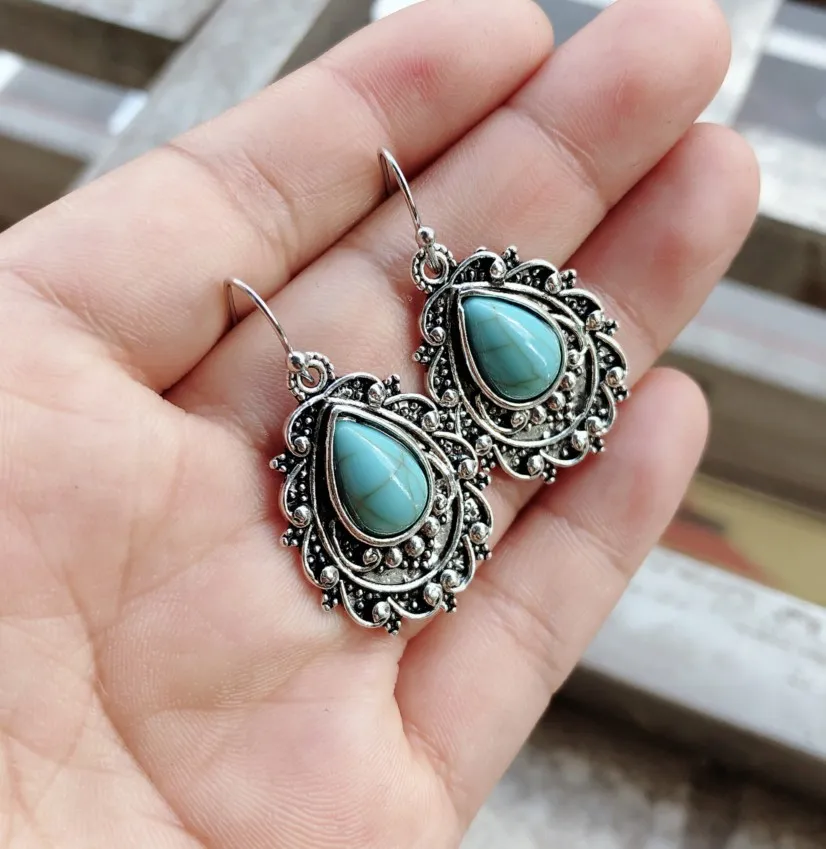 Artificial Turquoise Alloy Teardrop Dangle Earrings, image 2