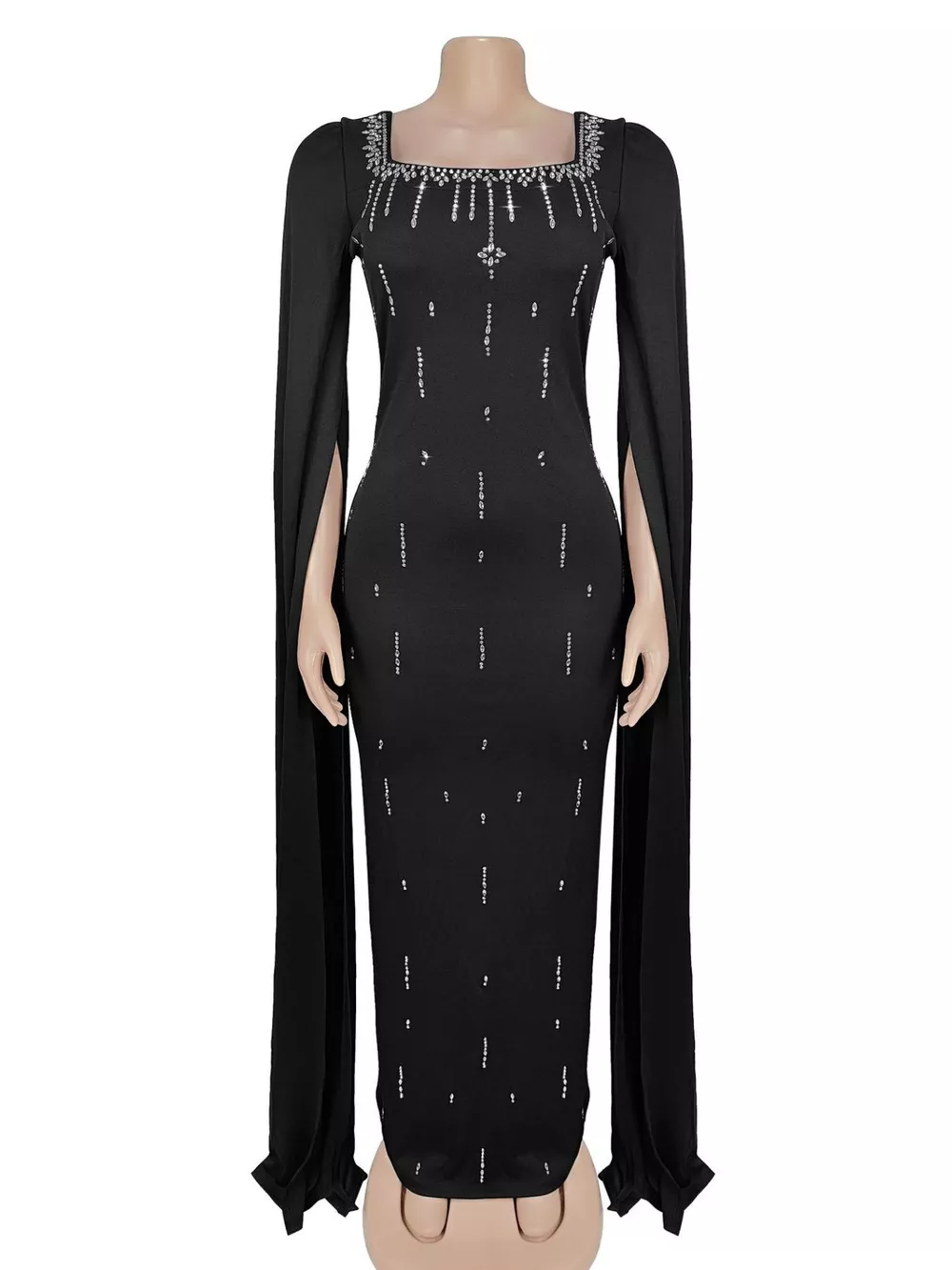 Rhinestone Square Neck Slit Sleeve Maxi Dress, image 3