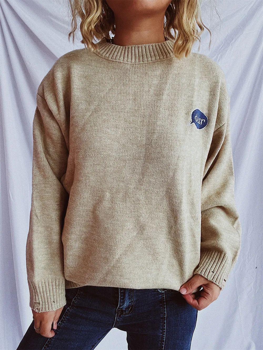 Embroidered Round Neck Dropped Shoulder Sweater, image 9