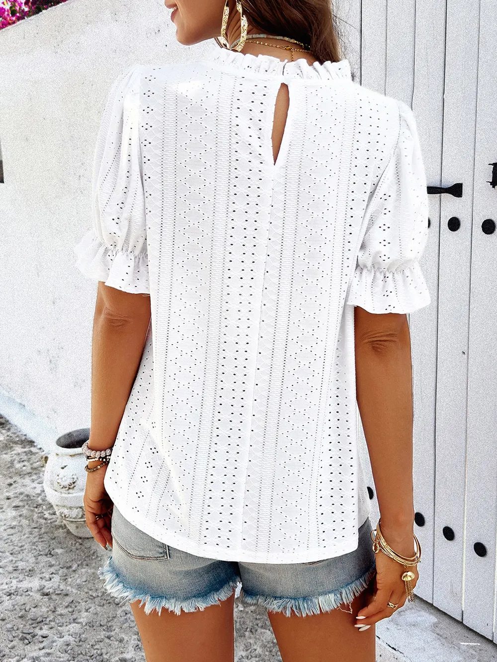 Eyelet Mock Neck Flounce Sleeve Blouse, image 3