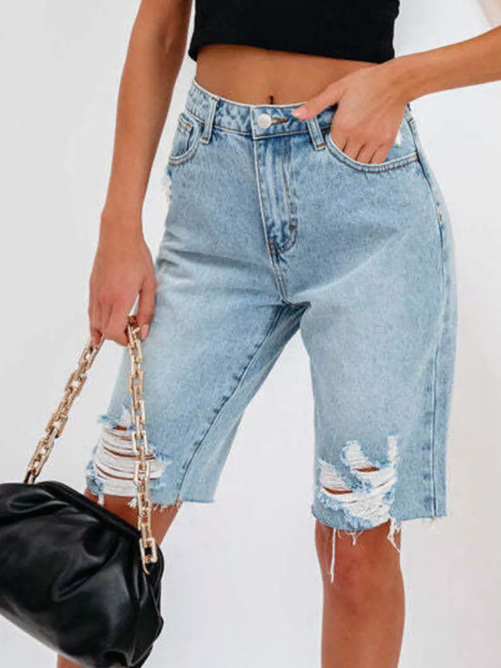 High-Waisted Distressed Denim Shorts, image 2