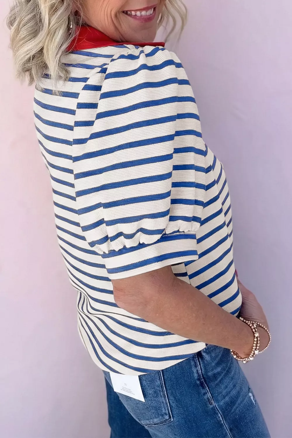 Striped Collared Neck Short Sleeve Blouse, image 3