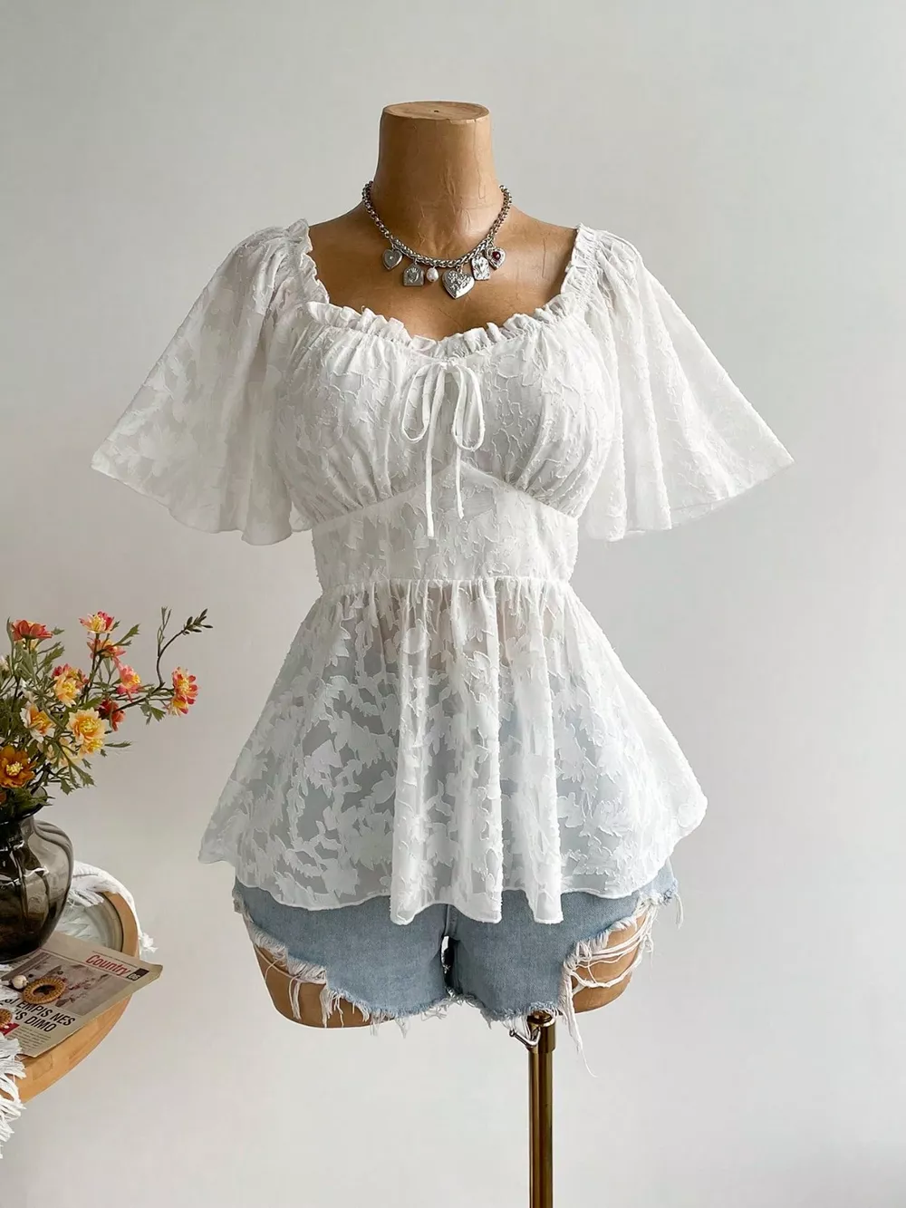 Plus Size Floral Flutter Sleeve Blouse with Smocked Back, image 8