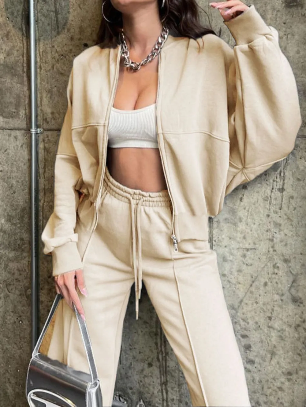 Baseball Collar Zip Up Top and Drawstring Paants Set, image 6