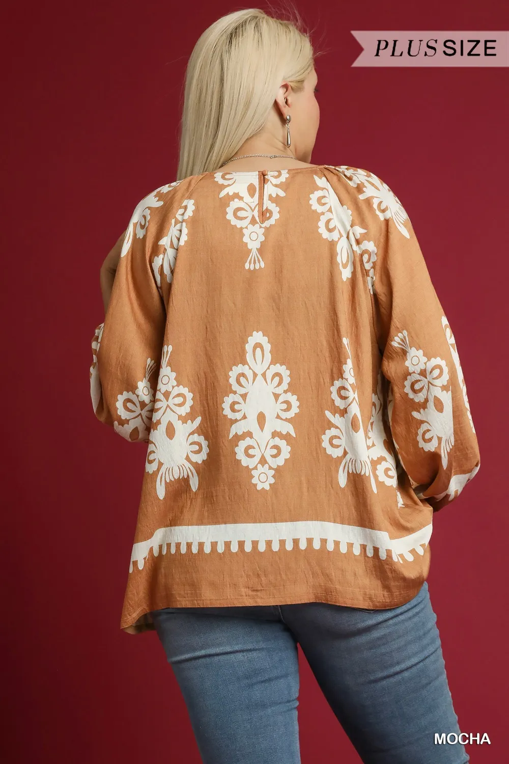 Full Size Two Tone Border Print Top with Balloon Sleeves Plus Size, image 9