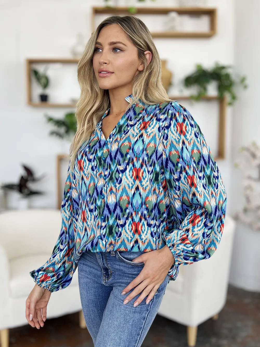 Full Size Printed Balloon Sleeve Blouse, image 22