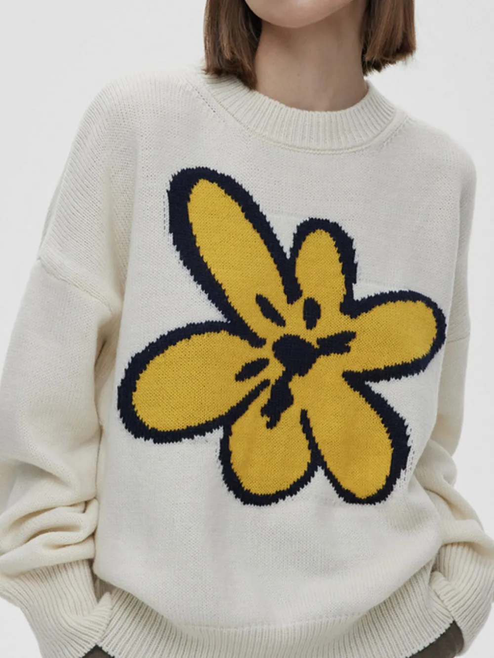 Flower Ribbed Hem Round Neck Sweater, image 10