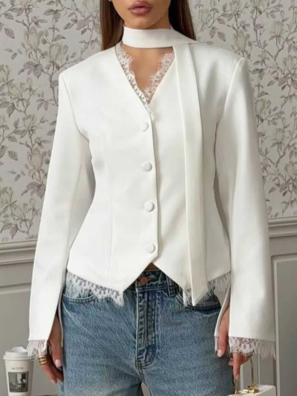 Lace Trim Button Up Blazer, image 4