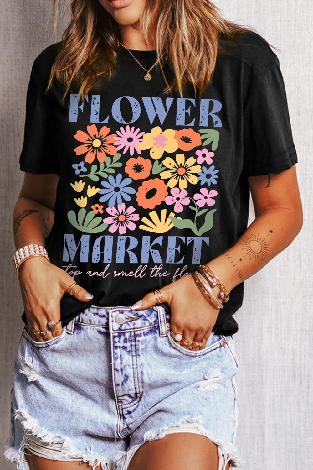 Flower Market Graphic Round Neck T-Shirt, image 3