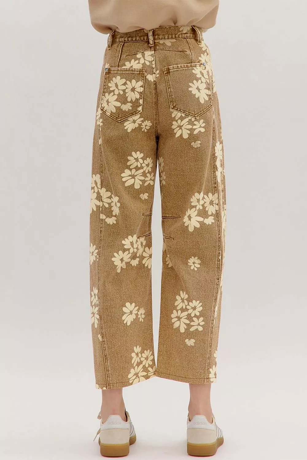 Floral Print Metal Button Pleated Straight Leg Jeans, image 2