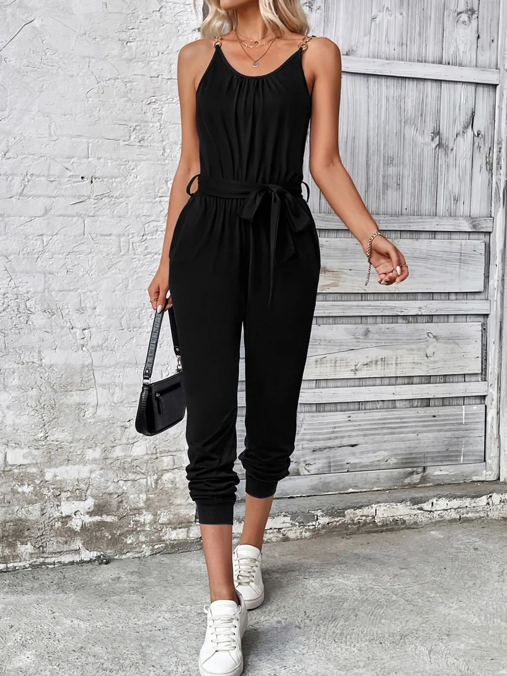 Scoop Neck Tie Waist Jumpsuit, image 9