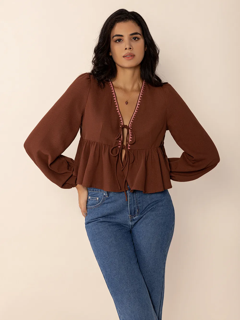 Peplum Tied V-Neck Long Sleeve Blouse, image 6