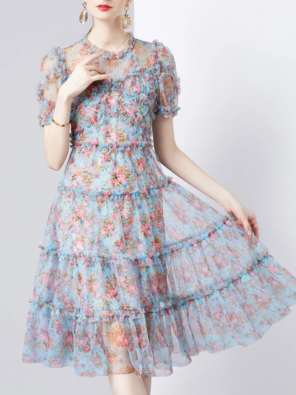 Frill Floral Print Short Sleeve Dress, image 3