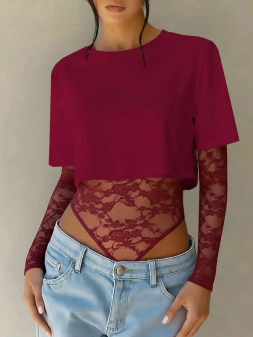 Lace Patchwork Round Neck Bodysuit, image 14