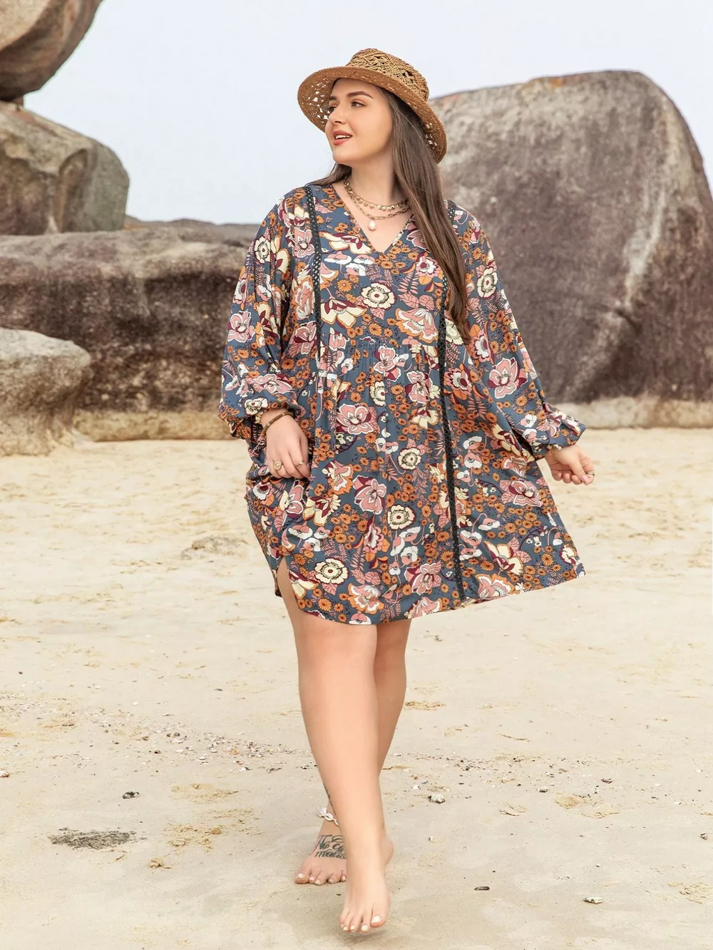 Plus Size Floral Print Long Sleeve Mini Dress, image 5