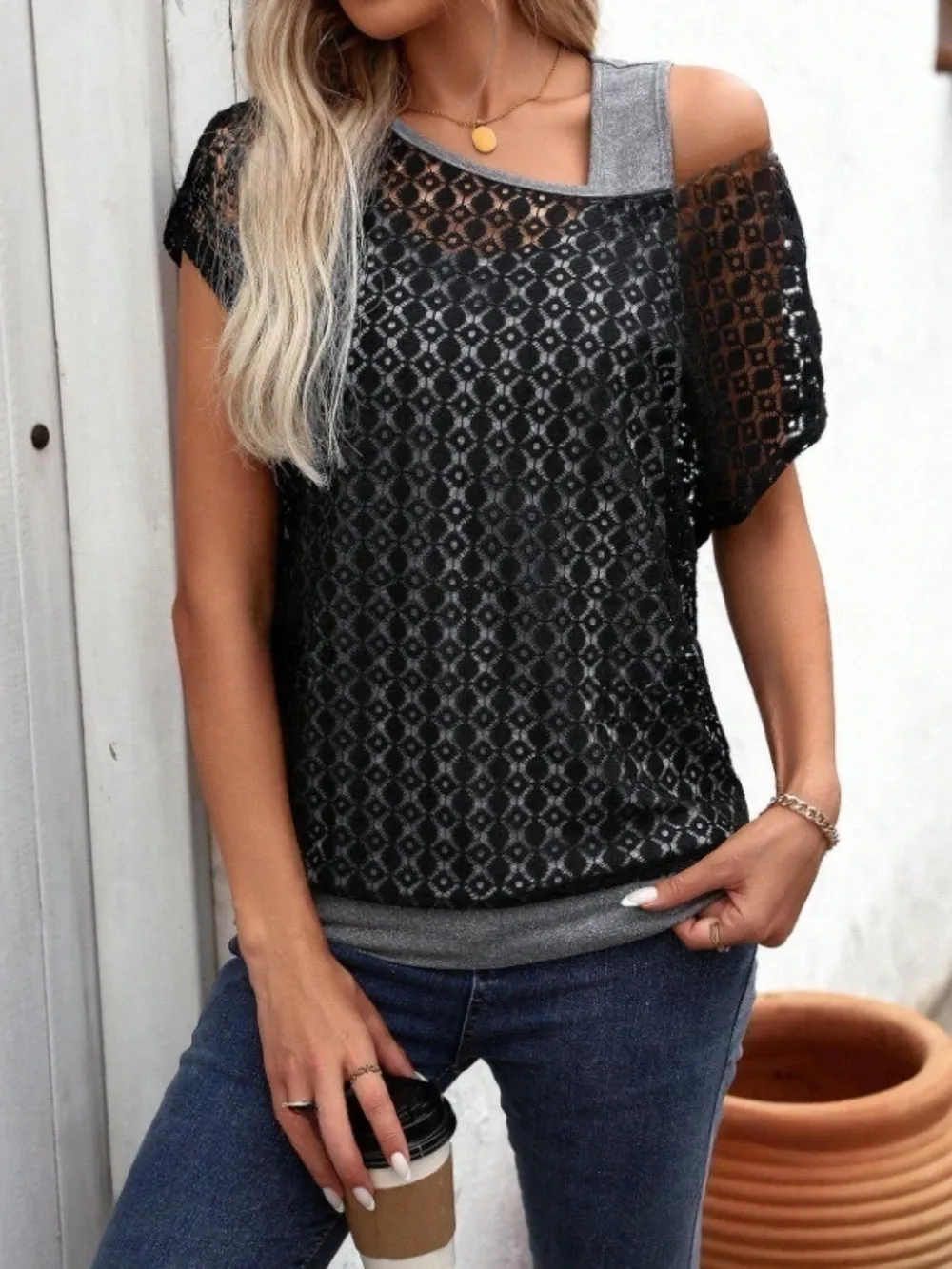 Lace Short Sleeve Fake Two Piece T-Shirt, image 6