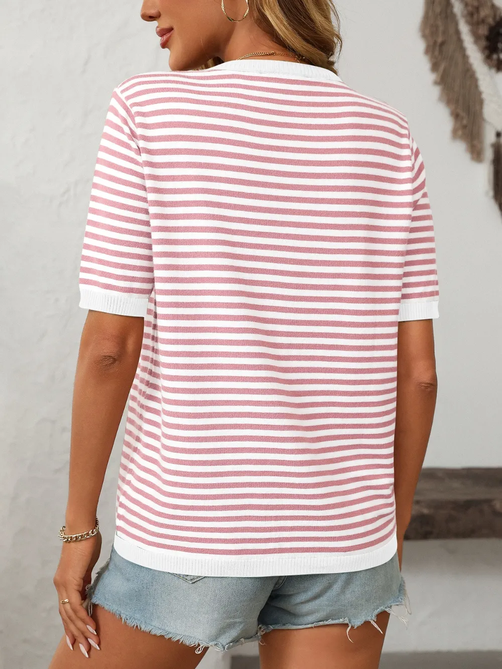 Striped Round Neck Half Sleeve Knit Top, image 15