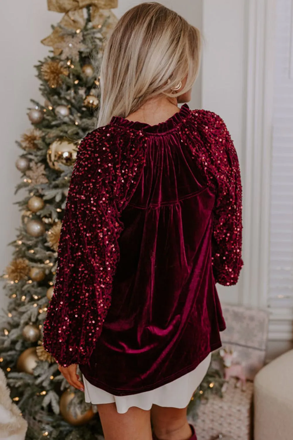 Sequin Notched Long Sleeve Blouse, image 15