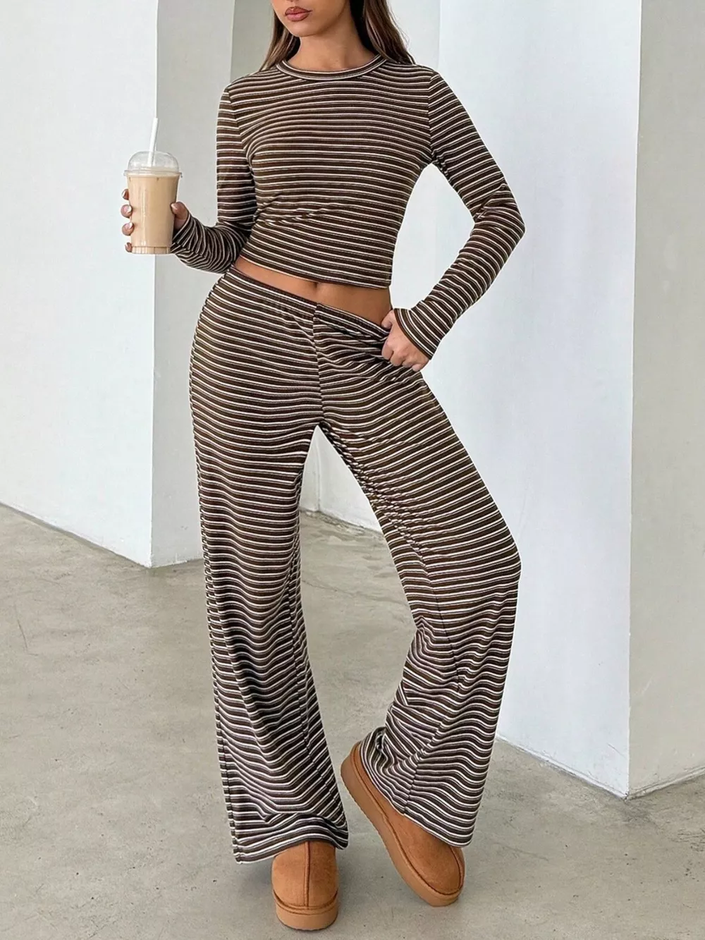 Striped Long Sleeve Crop Top and Wide Leg Pants Two-Piece Set, image 2