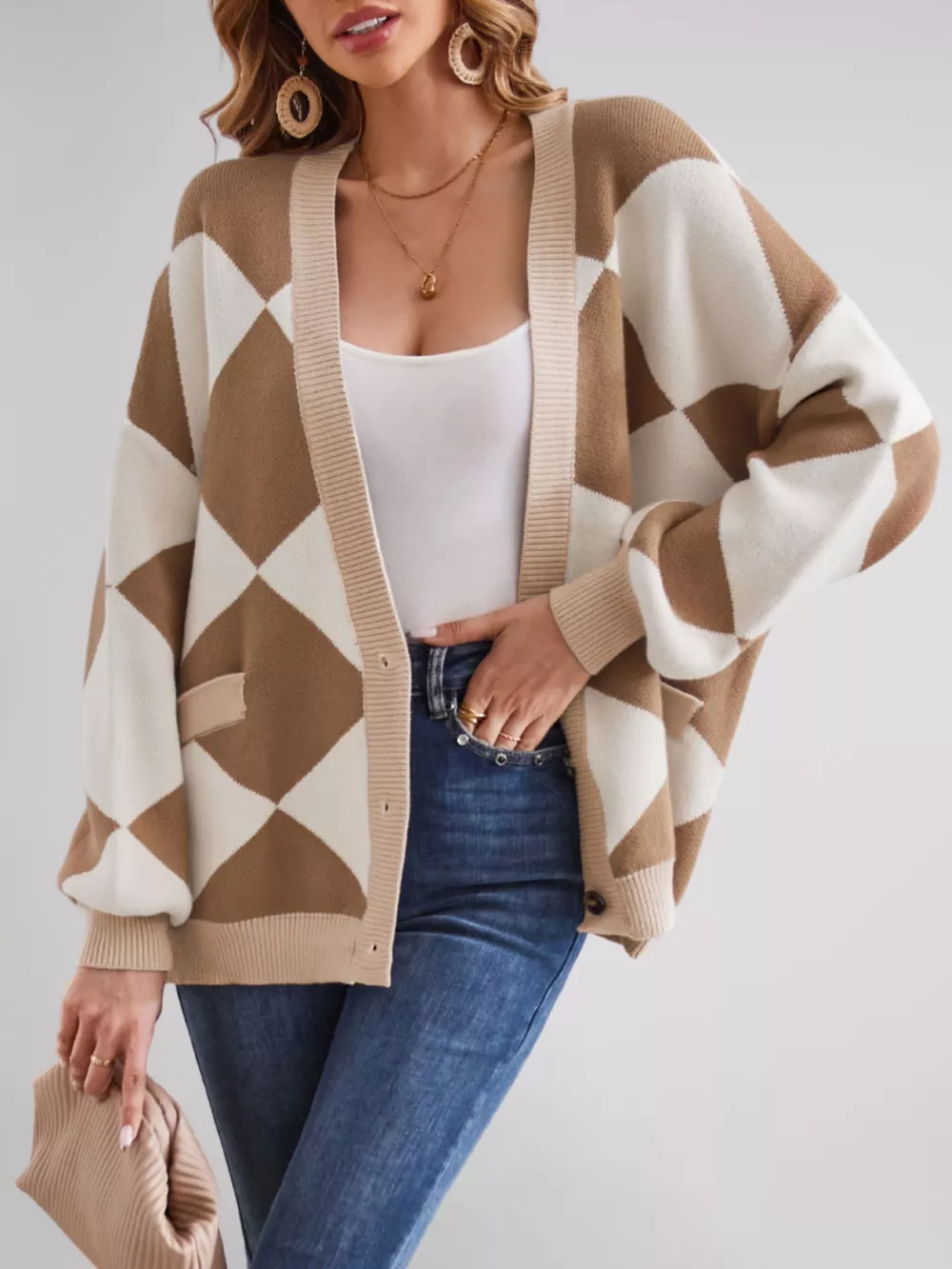 Diamond Pattern Button-Up Knit Cardigan, image 6