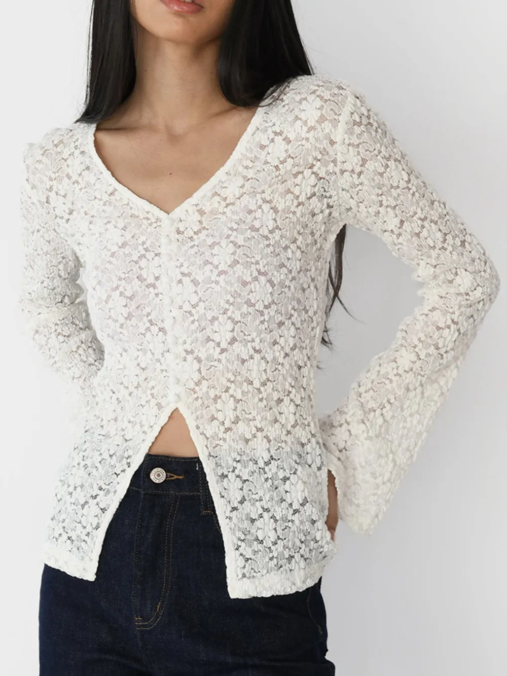 Lace V-Neck Flare Sleeve T-Shirt, image 3