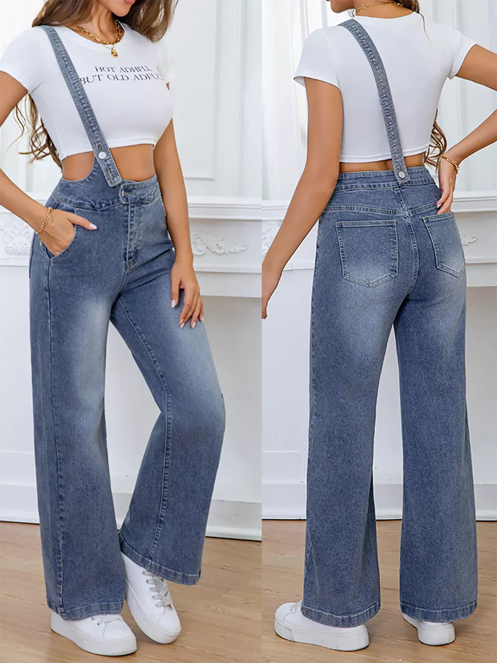 Adjustable Strap Washed Wide-Leg Denim Overalls, image 3